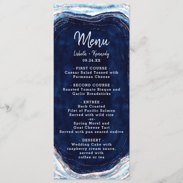 Menu Sapphire Blue Rose Gold Geode Agate Marbre Dîner (Devant)
