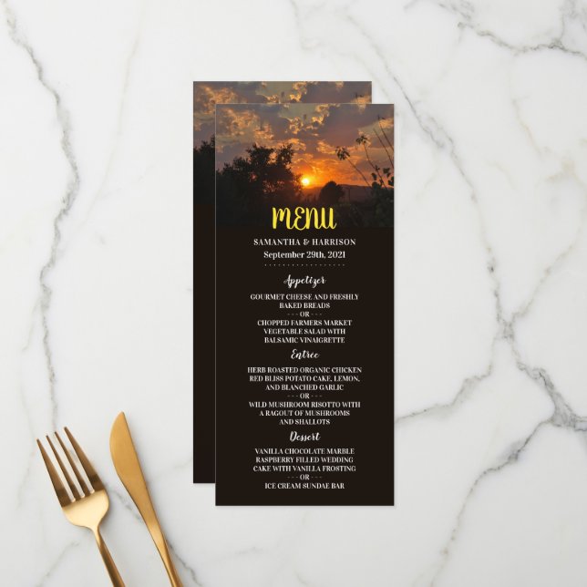 Menu Scène de coucher de soleil, mariage rustique (Devant/Arrière en situation)
