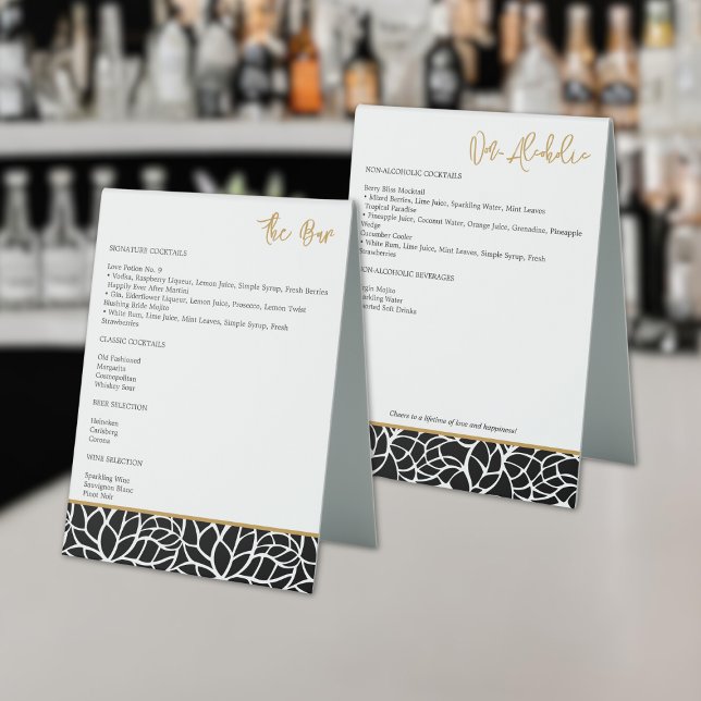 Menü "Schwarz-weiße botanische Foliage Border Bar" Tischaufsteller (Black White Botanical Foliage Border Bar Menu Table Tent Sign)
