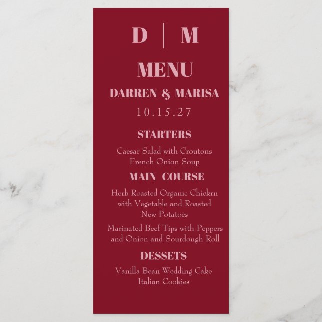 Menu Script manuscrit rose et rouge Mariage personnalis (Devant)