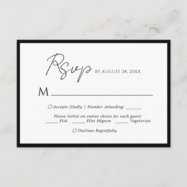 Menu Script Minimal Choix Noir Mariage Rsvp (Devant)