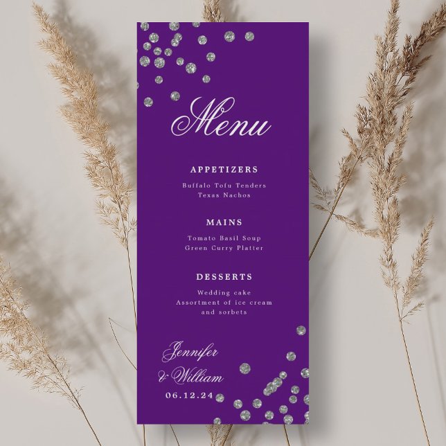 Menu Script romantique Mariage Confetti Argent violet (Romantic Script Wedding Confetti Silver Purple Menu)
