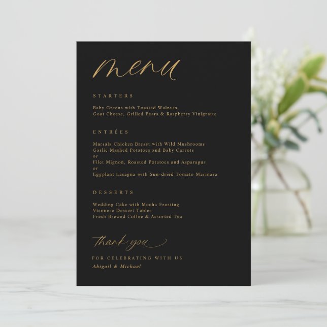 Menu Script romantique Mariage noir et or (Debout devant)