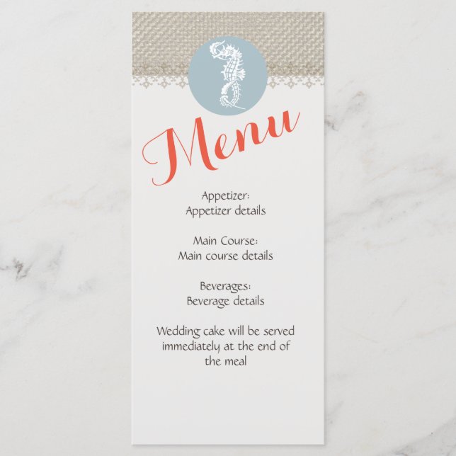 Menu Seahorse Bleu Classique Nautique Élégant (Devant)