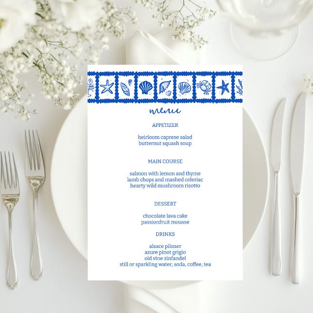 Menu Seashell Grid Plage Mariage Bleu Blanc CUSTOM (Seashell Grid Beach Wedding Blue White CUSTOM Menu
)