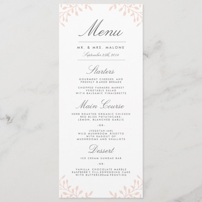 Menu Secret Garden Wedding Dinner Menu - Blush (Devant)