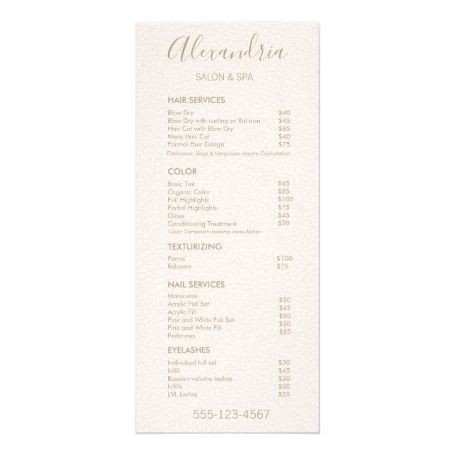 Menu Service Salon en cuir rose Script (Devant)