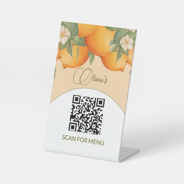 Menü Services QR Code Orange Floral Citrus Sockelschild (Vorderseite)