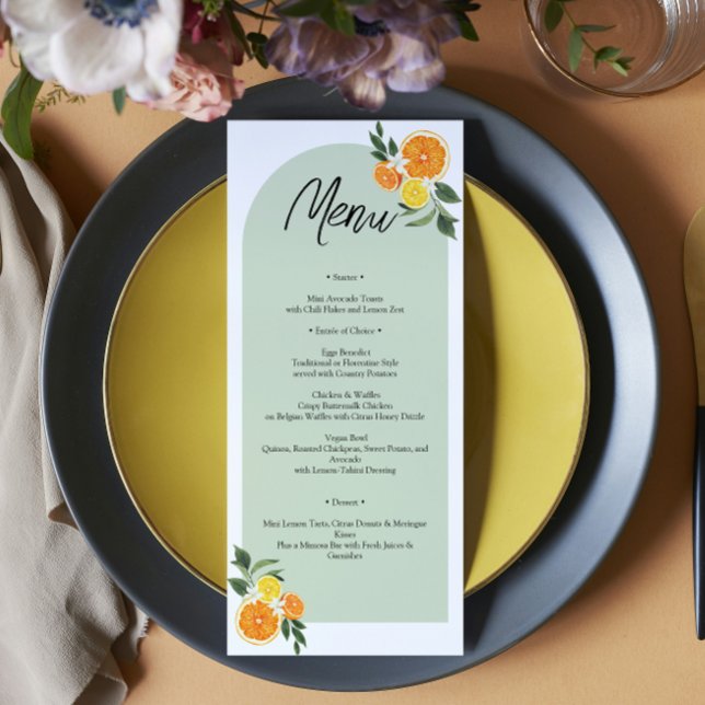 Menu She Found Her Main Bridal Shower Citrus Lemon  (watercolor lemons, soft greenery, and modern elegant typography summer bridal shower, garden brunch)