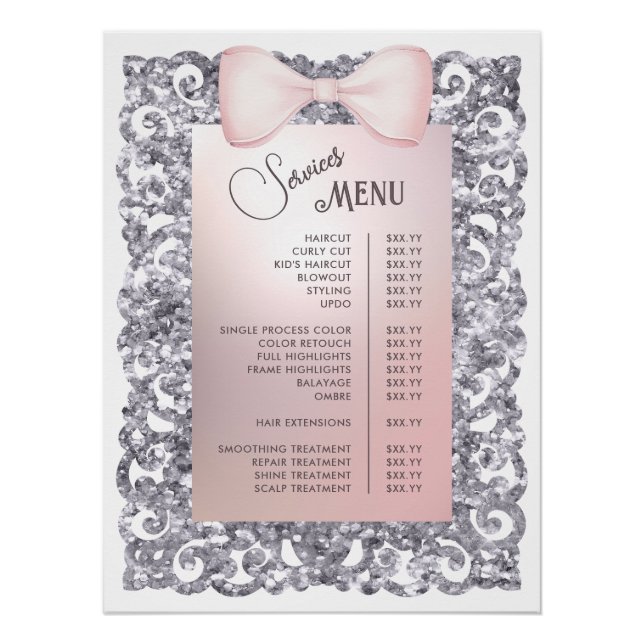 Menü "Silver Glitzer Frame Pink Bow Services" Poster (Vorderseite)