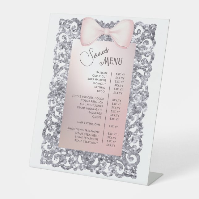 Menü "Silver Glitzer Frame Pink Bow Services" Sockelschild (Vorderseite)