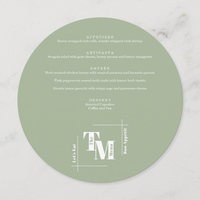 Menu Simple Dusty Green Moderne Chic Mariage Merci (Devant)