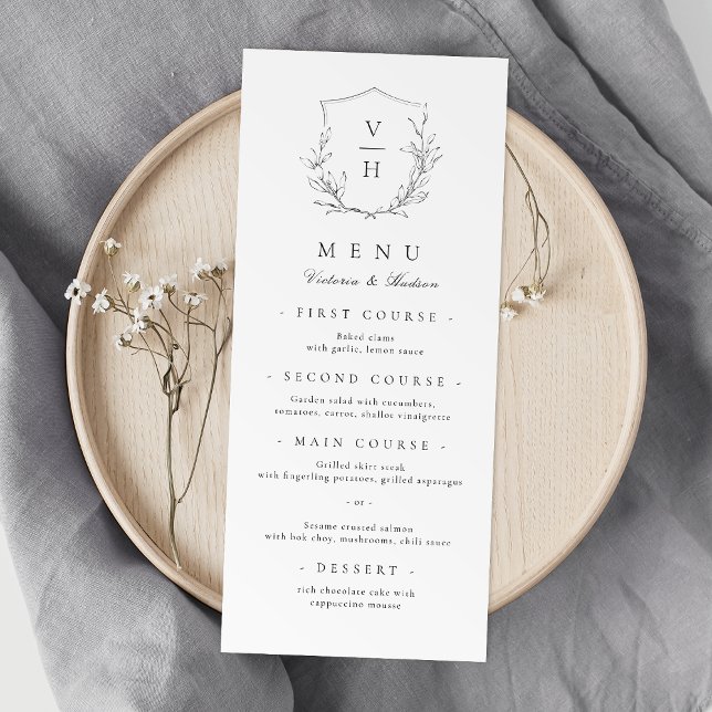 Menu Simple élégance botanique crête mariage monogramme (Simple elegance botanical crest monogram wedding Menu)