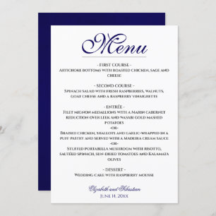 Menu Simple Elegance Navy Blue & White Mariage