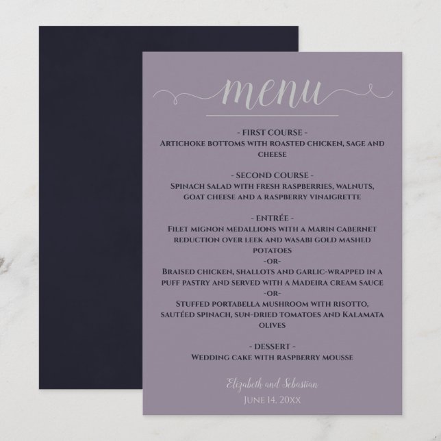 Menu Simple Elegant bleu marine sur Dusty violet Mariag (Devant / Derrière)