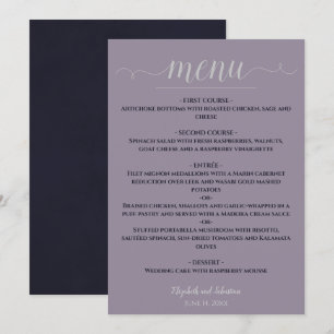 Menu Simple Elegant bleu marine sur Dusty violet Mariag
