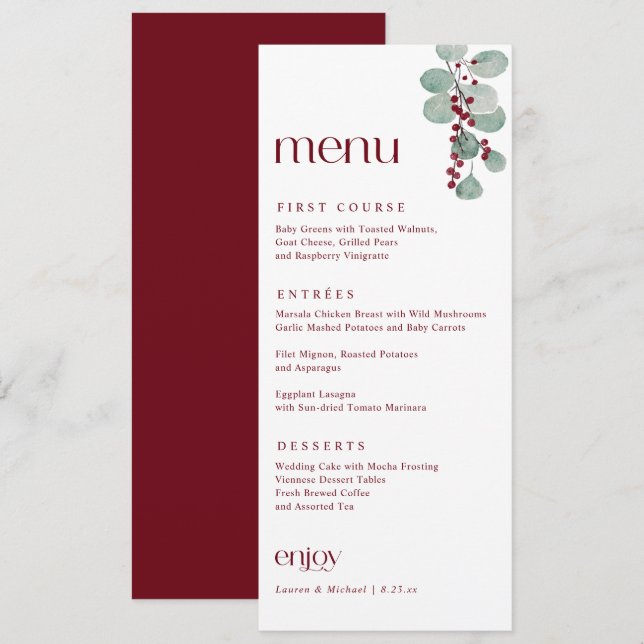Menu Simple Elegant Bourgogne Mariage de Noël d'hiver (Devant / Derrière)