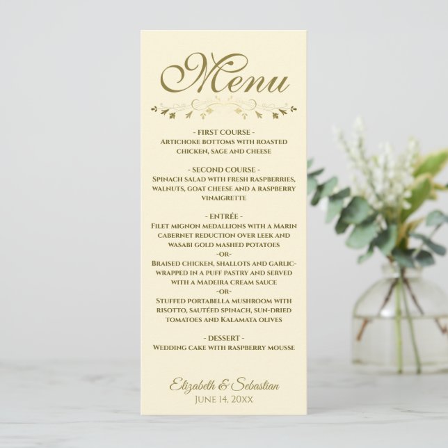 Menu Simple Elegant Gold & Cream Lacy Mariage Filigree (Debout devant)