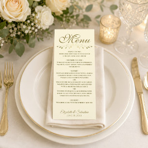 Menu Simple Élégant Mariage Or & Crème Filigrane Dentel