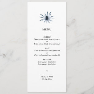 Menu simple Mariage floral de chardon bleu