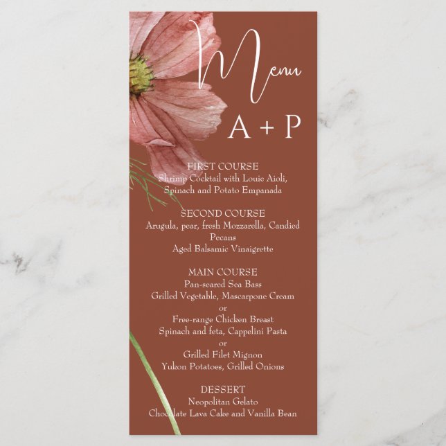 Menu Simple mariage floral en terre cuite à l'aquarelle (Devant)