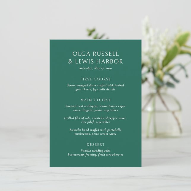 Menu Simple Mariage Moderne Vert Émeraude (Debout devant)