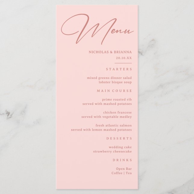 Menu Simple mariage rose pâle  (Devant)
