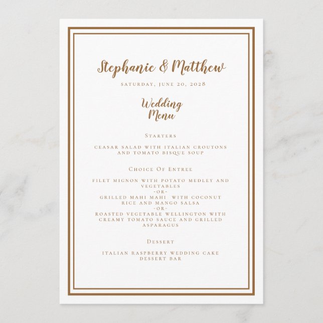 Menu Simple Mariage Rustique Brown Moderne Chic Dîner (Devant)