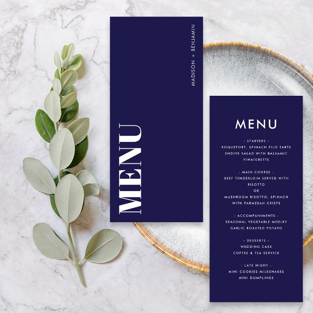 Menu Simple Marine bleu et blanc Gras Mariage moderne (Front / Back)