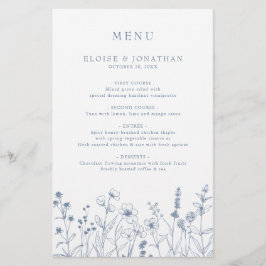 Menu simple minimaliste Mariage Fleur sauvage bleu