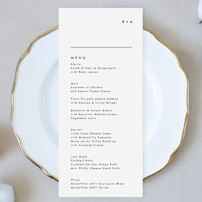Menu Simple moderne noir blanc Mariage Monogramme (Créateur téléchargé)