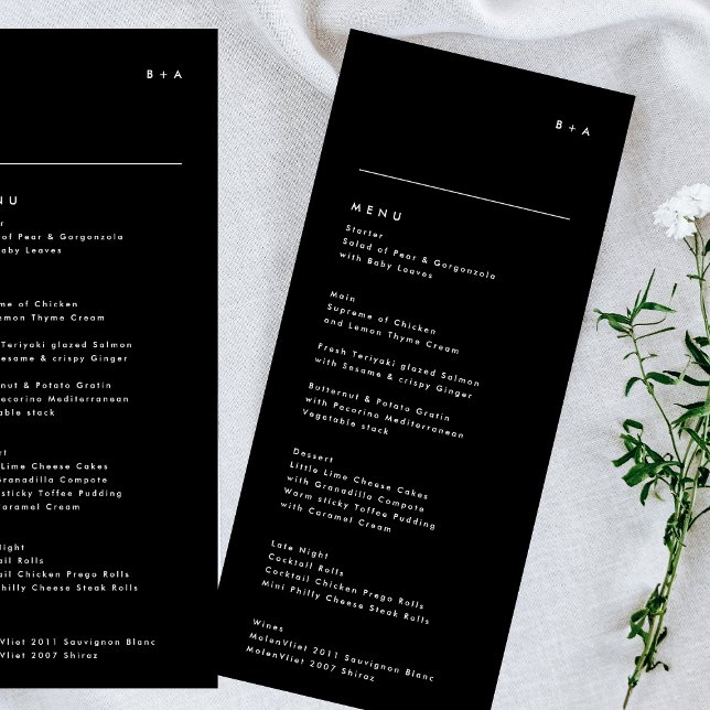 Menu Simple moderne Noir Onyx Tuxedo Monogramme Mariage (Créateur téléchargé)
