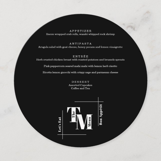 Menu Simple noir blanc moderne Mariage Merci moderne (Devant)