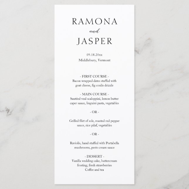 Menu Simple noir et blanc Gras Mariage moderne (Devant)