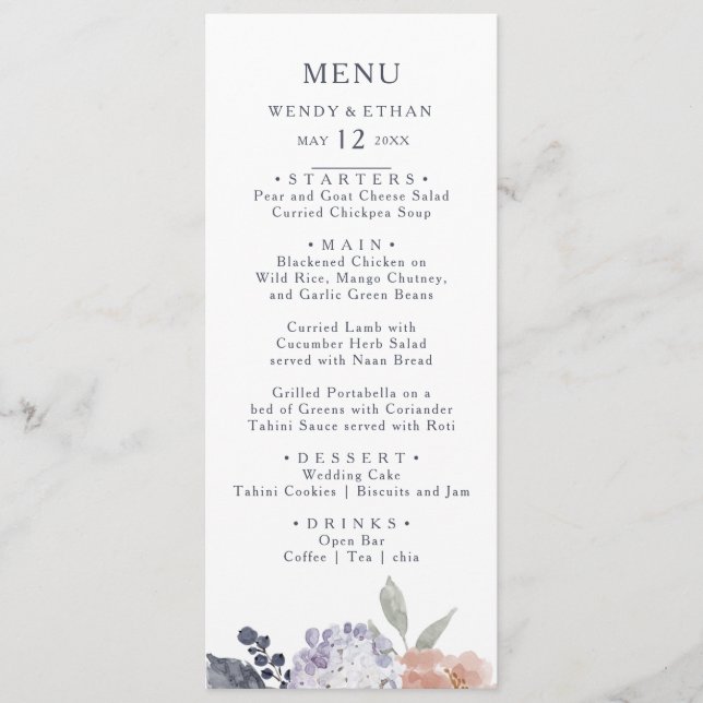 Menu Simple Rustique Floral Mariage Diner Menu (Devant)