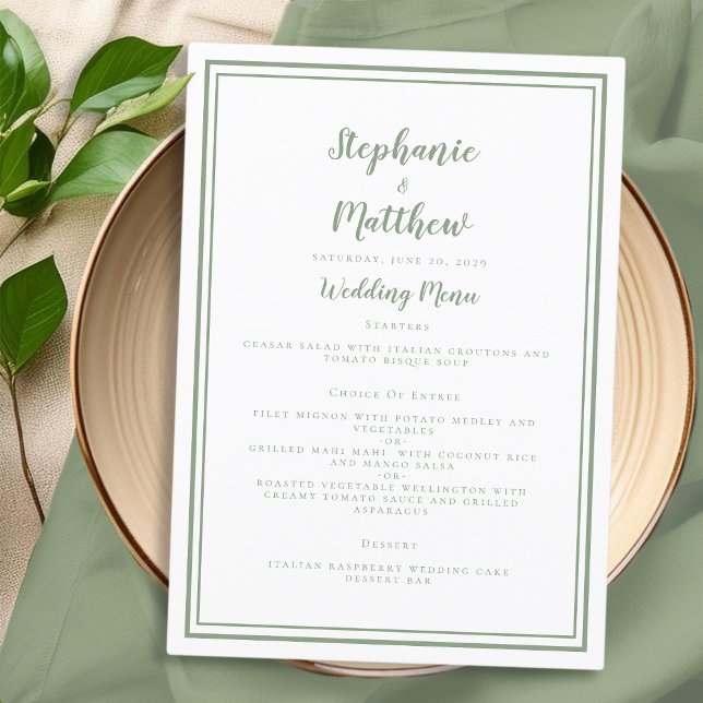 Menu Simple Sage Vert Blanc Mariage Élégant Dîner (Simple Sage Green White Wedding Elegant Dinner Menu)