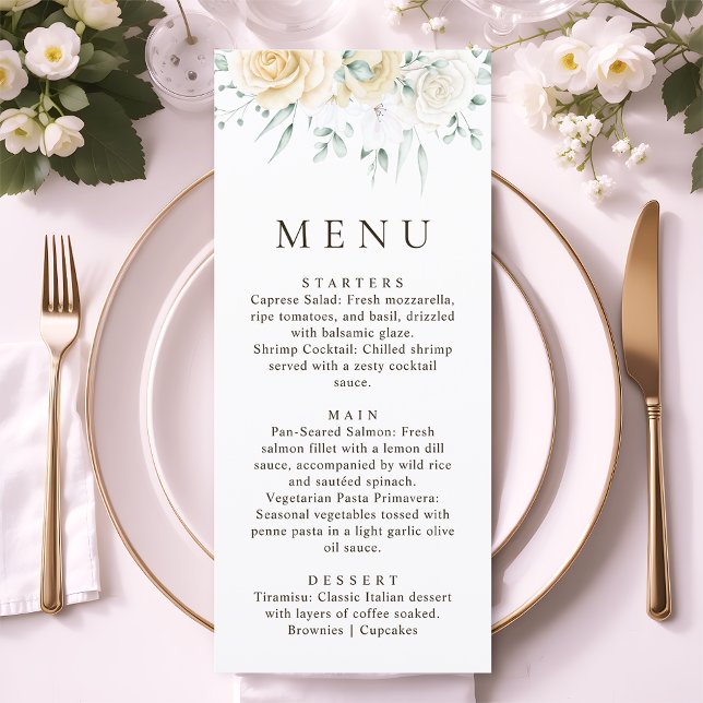 Menu Simple Watercolour Eucalyptus White Rose Wedding (Créateur téléchargé)