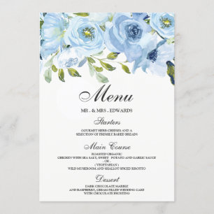 Menu Sky Blue Watercolor Flowers Mariage moderne