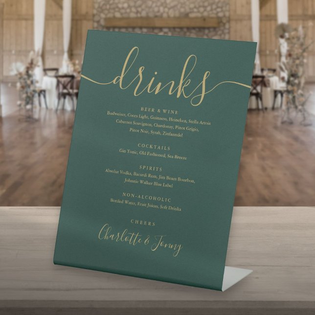Menü "Smaragdgrüne" und "Gold Script" für Hochzeit Sockelschild (Emerald Green And Gold Script Wedding Drinks Menu Pedestal Sign)