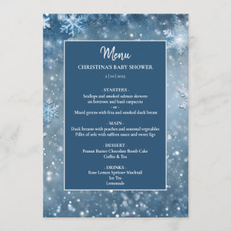 Menu Snowflake Winter Wonderland Baby shower bleu