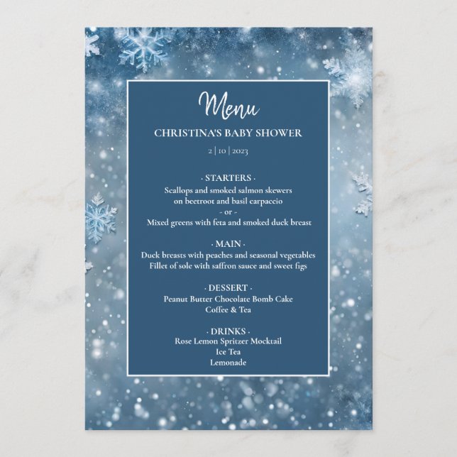 Menu Snowflake Winter Wonderland Baby shower bleu (Devant)