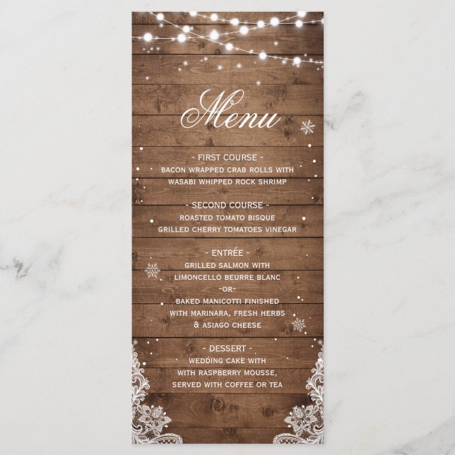Menu Snowflakes de dentelle de bois rustique (Devant)