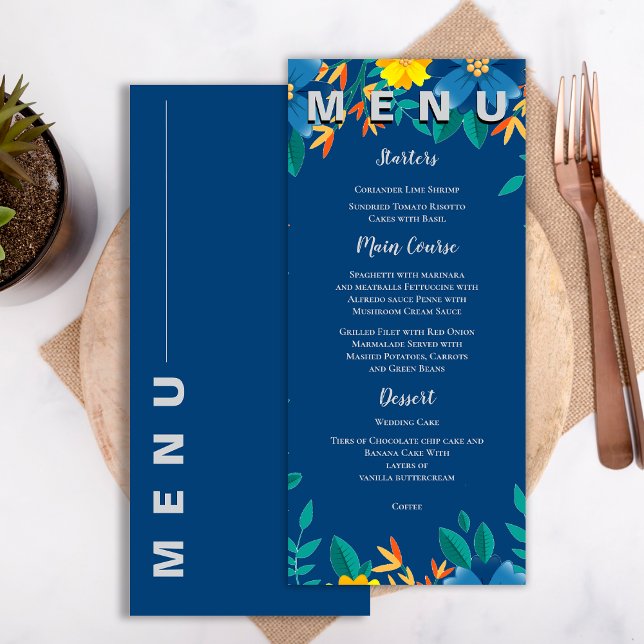 Menu Soirée de mariage chic jaune et bleu floral (Elegant Chic Yellow and Blue Floral Wedding Party Menu)
