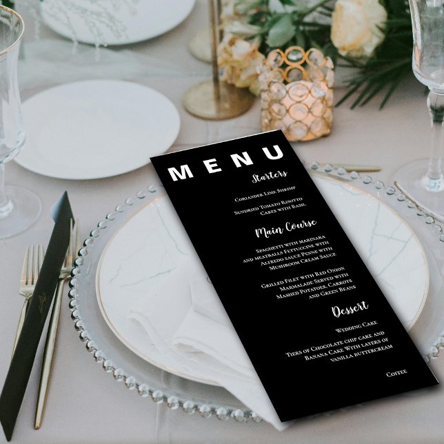 Menu Soirée de mariage classique classique noir noir él (Elegant Simple Black White Classic Wedding Party Menu)