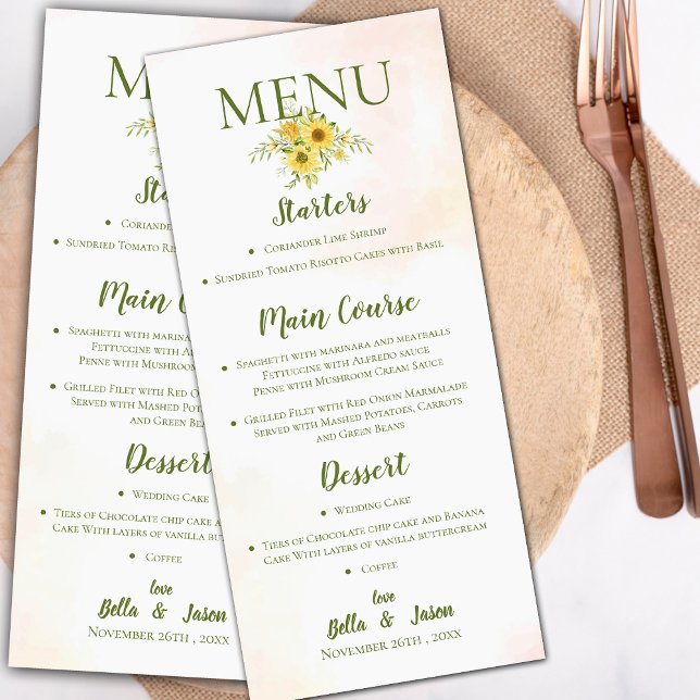 Menu Soirée de Mariage Fleur de Tournesol Jaune (Elegant Sunflower Yellow Cute Floral Wedding Party Menu)