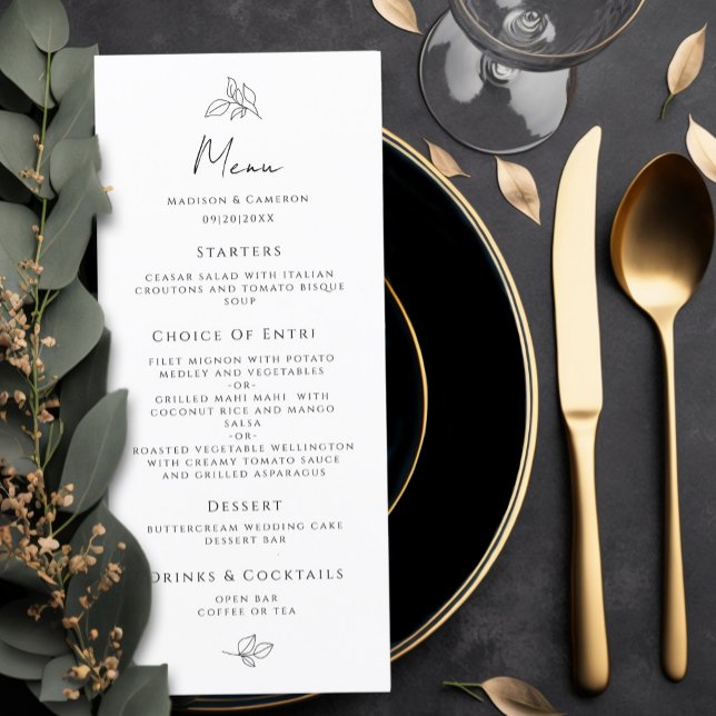 Menu Soirée de mariage noir & blanc (Elegant Wedding Black & White Formal Dinner Party Menu)
