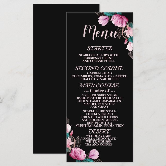 Menu Soirée de mariage rose floral noir élégant rustiqu (Devant / Derrière)