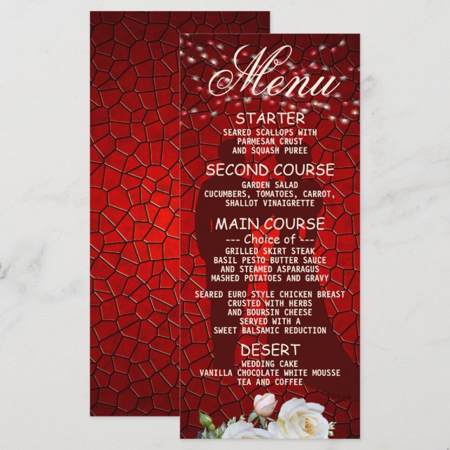 Menu Soirée de mariage Rouge Floral Moderne Dîner éléga (Devant / Derrière)