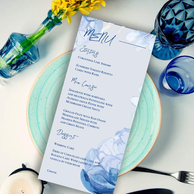 Menu Soirée de Mariage tendance et fleurie tendance et  (Trendy Elegant Pretty Blue Floral Wedding Party Menu)
