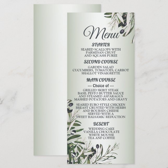 Menu Soirée de mariage Vert Feuilles Noir Olive Élégant (Devant / Derrière)